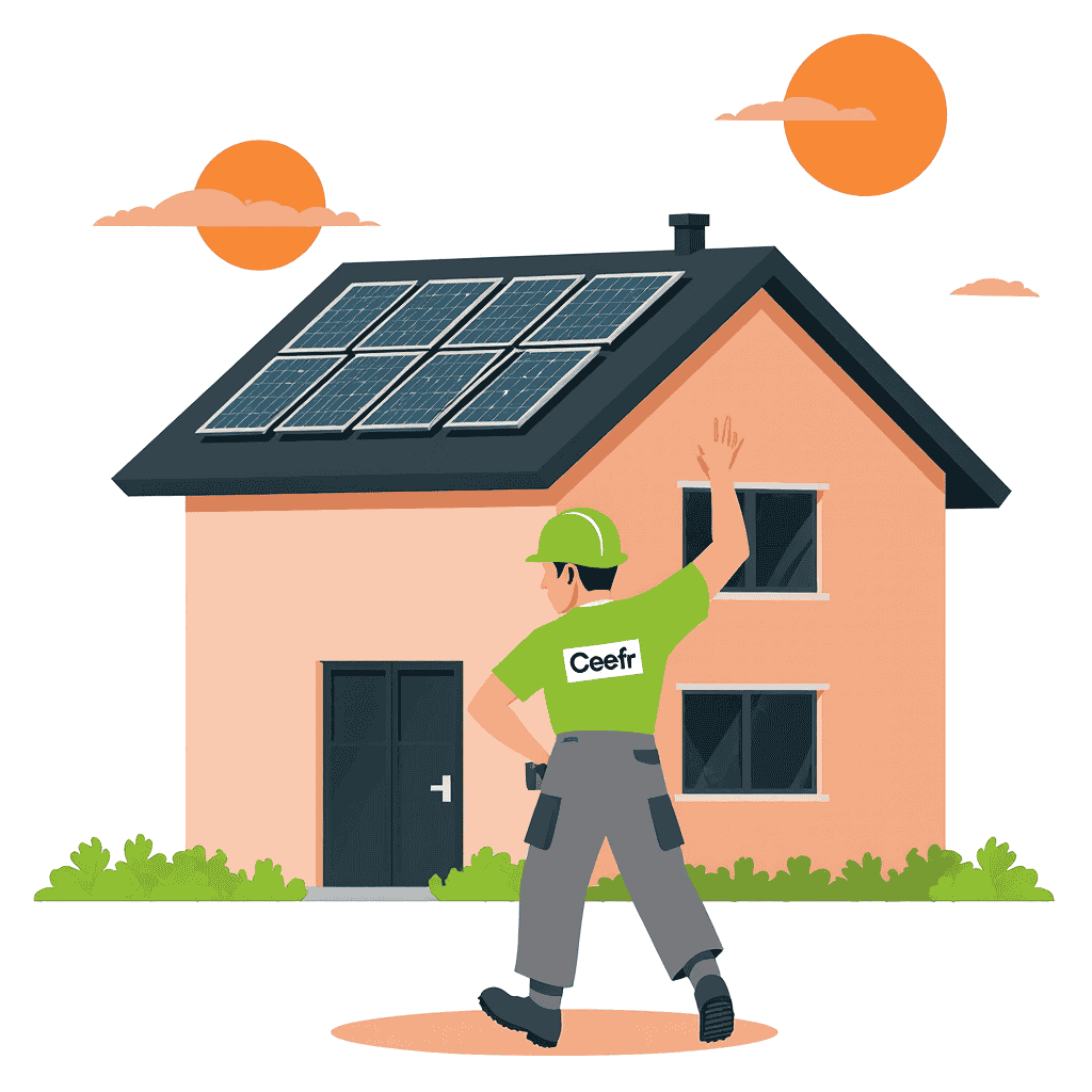 Installateur inspectant panneaux solaires sur maison.